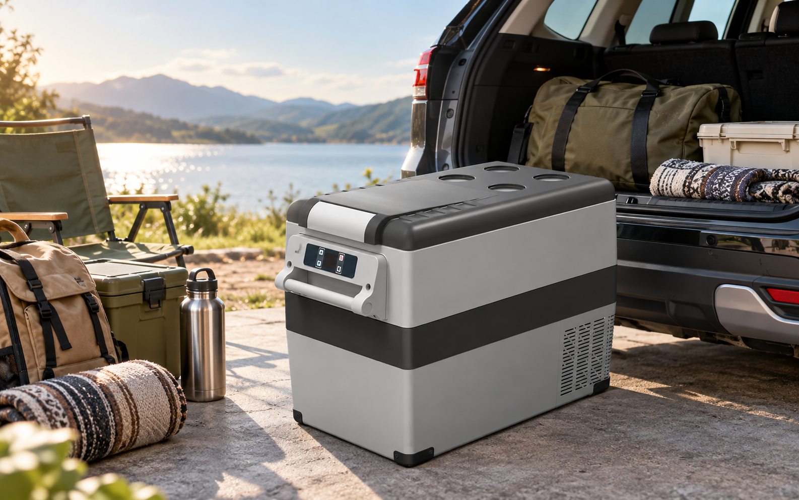 Portable fridge in a travel preparation scene