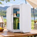 White Mini Fridge with Carry Handle — camping view