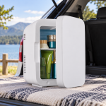 White Mini Fridge with Carry Handle — car view