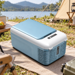 Blue & White Portable Chest Fridge — camping view