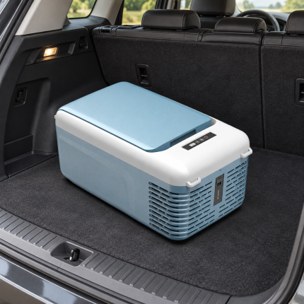 Blue & White Portable Chest Fridge — car view