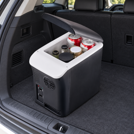 Slim Black & White Travel Fridge — car view