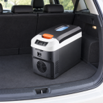 Black & White Portable Fridge with Orange Latches — car view
