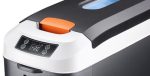 Black & White Portable Fridge with Orange Latches — detail view