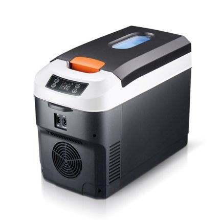 Black & White Portable Fridge with Orange Latches on a white background