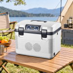 White Dual-Latch Car Fridge — camping view