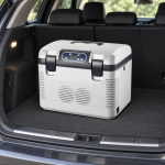 White Dual-Latch Car Fridge — car view