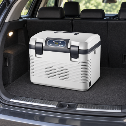 White Dual-Latch Car Fridge — car view