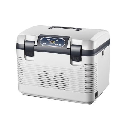 White Dual-Latch Car Fridge on a white background