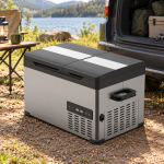 Grey Dual-Lid Portable Fridge — camping view