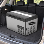 Grey Dual-Lid Portable Fridge — car view