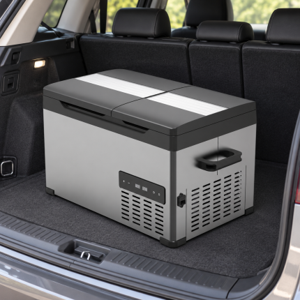 Grey Dual-Lid Portable Fridge — car view