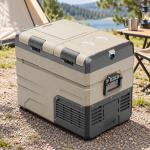 Sand & Charcoal Outdoor Chest Fridge — camping view