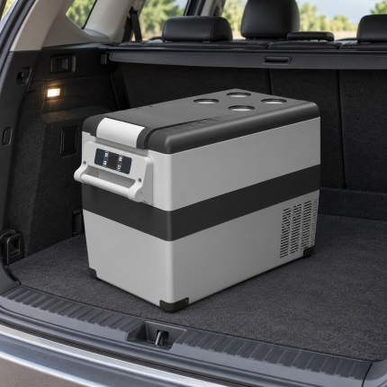 Long-Profile Grey Car Fridge — car view