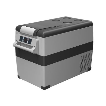 Long-Profile Grey Car Fridge on a white background