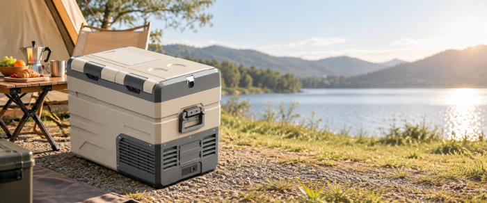 Portable fridge pictured beside a lakeside camping setup